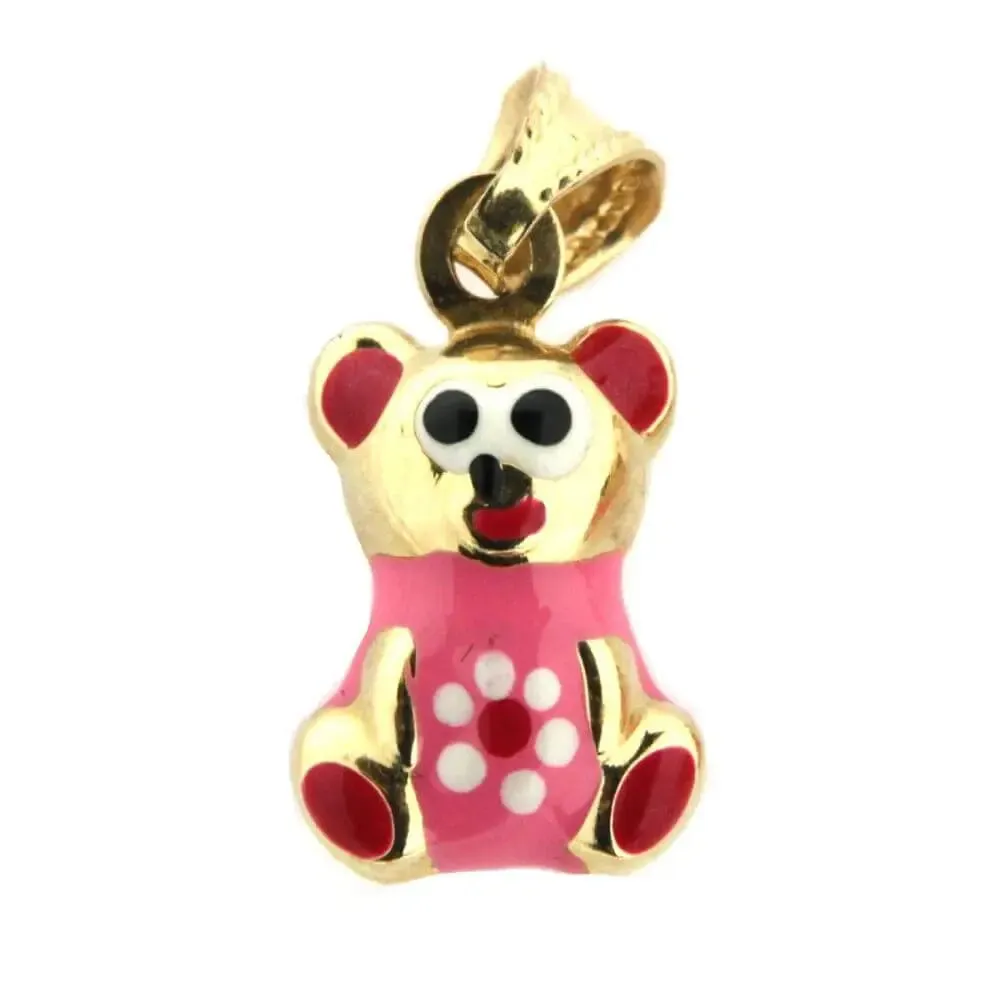18K Solid Yellow Gold Enamel Puffy Teddy Bear Charm Pendant 