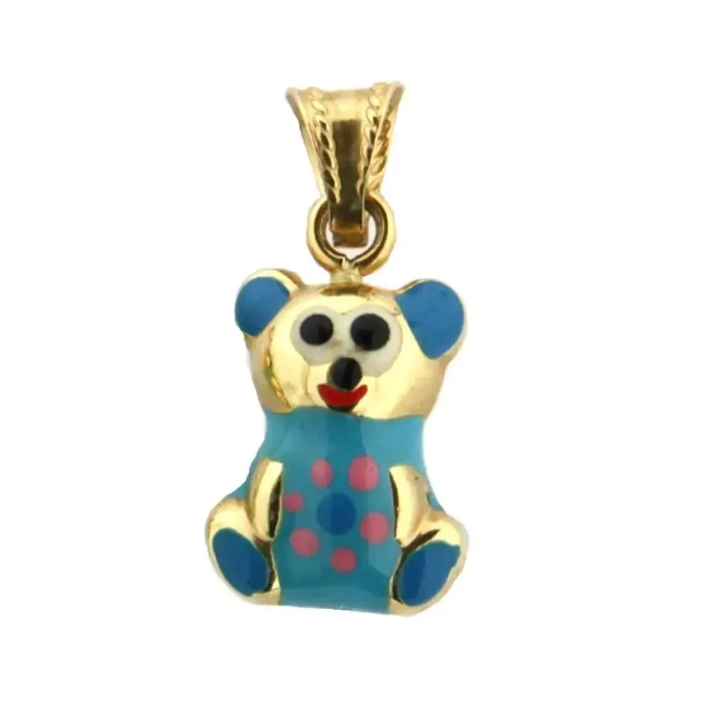 18K Solid Yellow Gold Enamel Puffy Teddy Bear Charm Pendant 