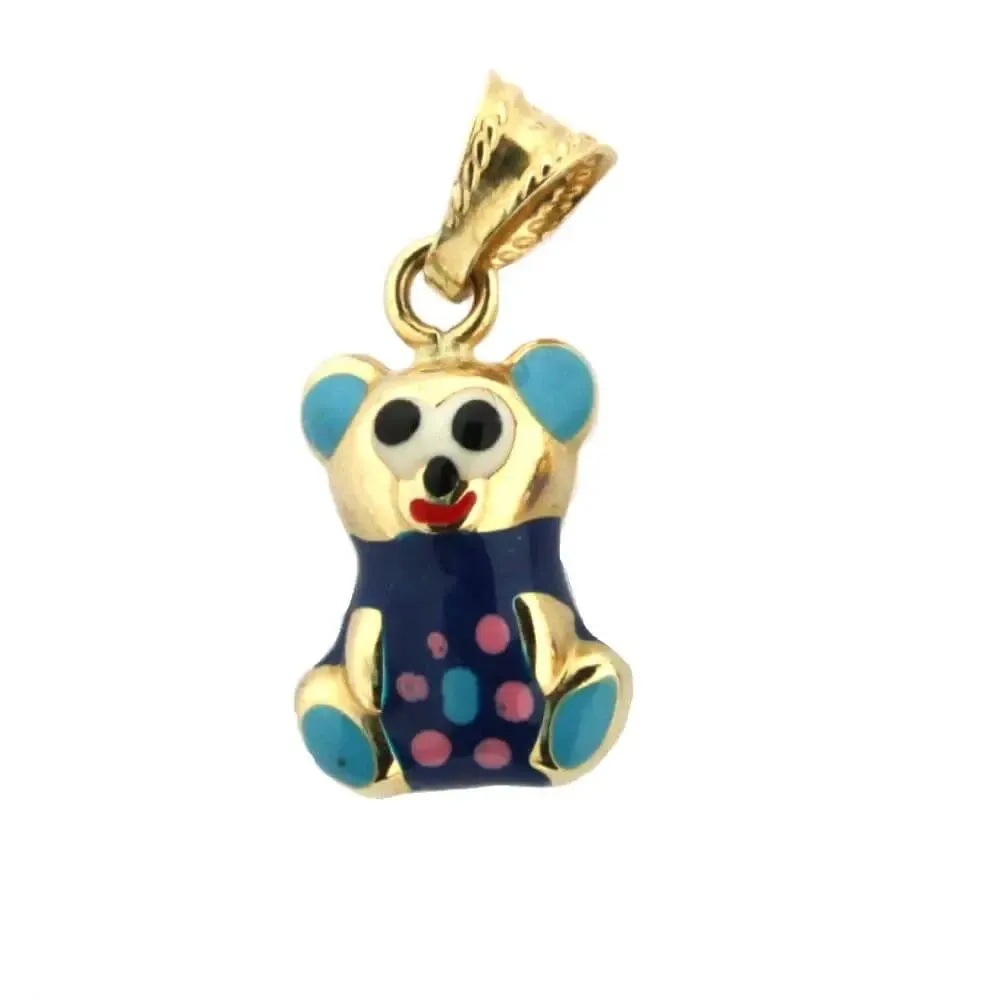 18K Solid Yellow Gold Enamel Puffy Teddy Bear Charm Pendant 