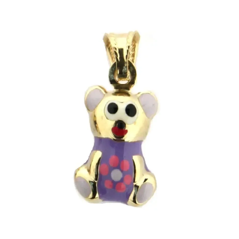 18K Solid Yellow Gold Enamel Puffy Teddy Bear Charm Pendant 