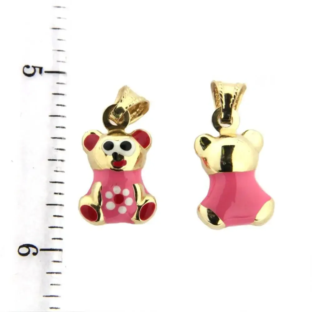 18K Solid Yellow Gold Enamel Puffy Teddy Bear Charm Pendant 