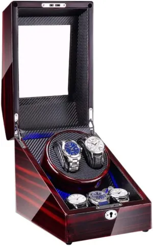 2 3 Automatic Watch Winder Box with LED Light, Wood Shell and Carbon Fiber Leather, Silent Motor, 4 Rotation Modes Setting Watch Winder Box Best Gift