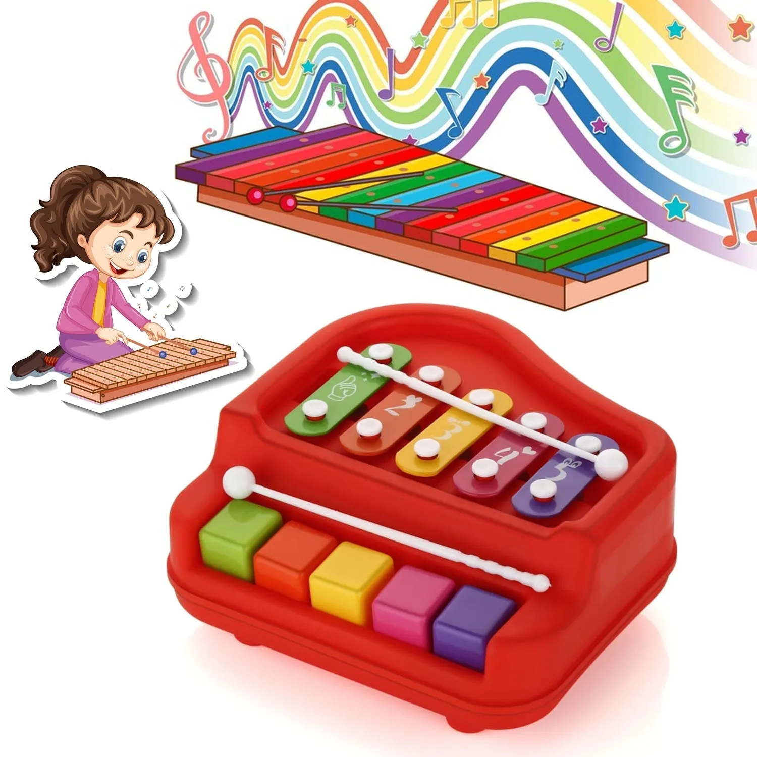 2 in 1 Baby Piano Xylophone Toy for Toddlers, 5 Multicolored Key Keyboard Xylophone Piano, Preschool Educational Musical Learning Instruments Toy for Baby Kids Girls Boys 3  Years (1 Pc)