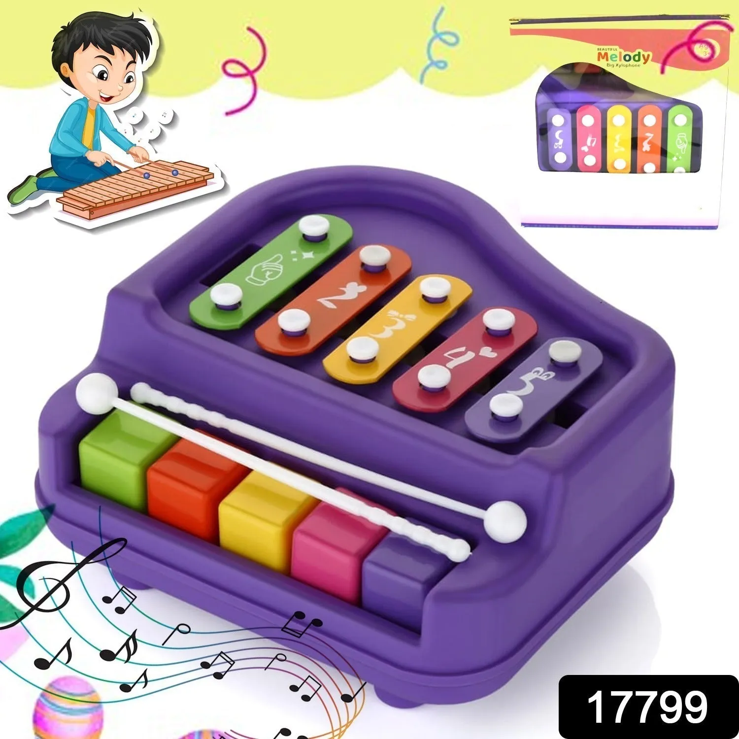 2 in 1 Baby Piano Xylophone Toy for Toddlers, 5 Multicolored Key Keyboard Xylophone Piano, Preschool Educational Musical Learning Instruments Toy for Baby Kids Girls Boys 3  Years (1 Pc)