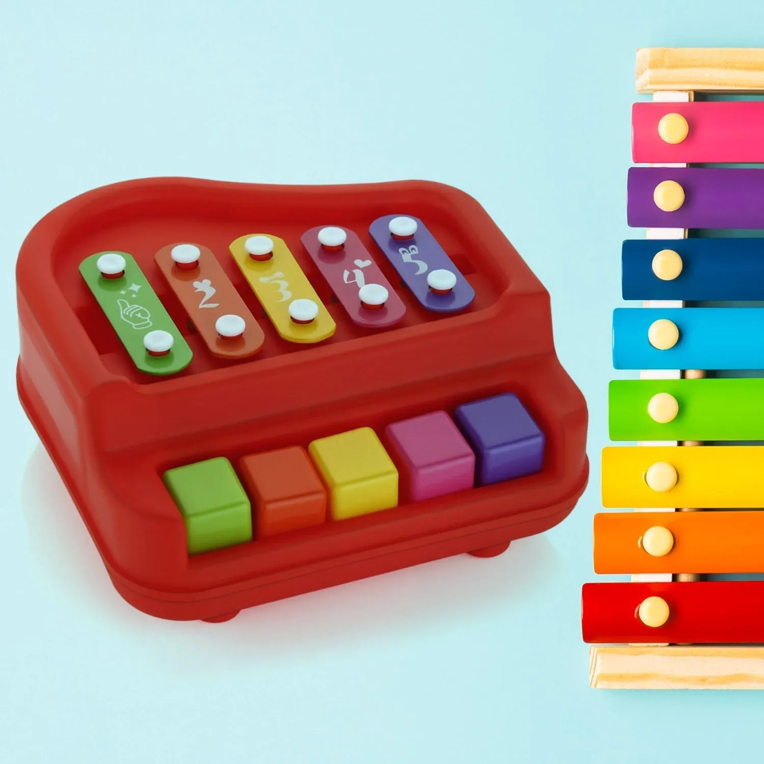 2 in 1 Baby Piano Xylophone Toy for Toddlers, 5 Multicolored Key Keyboard Xylophone Piano, Preschool Educational Musical Learning Instruments Toy for Baby Kids Girls Boys 3  Years (1 Pc)