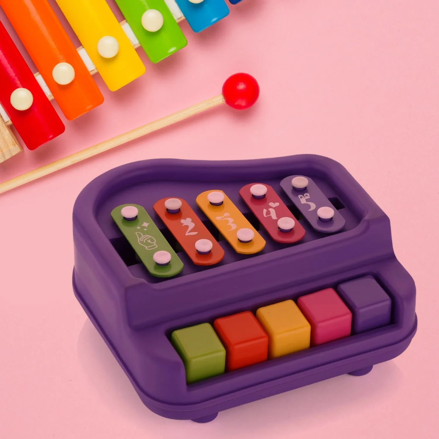 2 in 1 Baby Piano Xylophone Toy for Toddlers, 5 Multicolored Key Keyboard Xylophone Piano, Preschool Educational Musical Learning Instruments Toy for Baby Kids Girls Boys 3  Years (1 Pc)