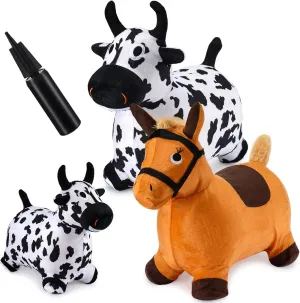 2 Pieces Bouncy Hopper Unicorn Cow Horses Inflatable Bouncy Animals Hopper Jumping Hopping Ride on Bouncing Animal Toys(Horse, Cow)
