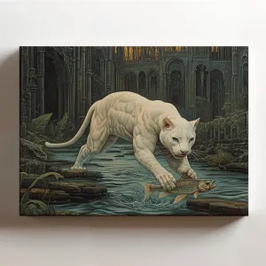 (20 x 16 x 1.25 IN) Gallery Wrapped Canvas Wall Art Print of Art Nouveau : Majestic Albino White Panther Catching Fish in Serene River Surrounded by Gothic Ruins - Evokes Unwavering - 925UNCAi464303WH