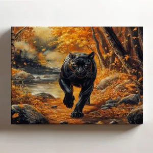 (20 x 16 x 1.25 IN) Gallery Wrapped Canvas Wall Art Print of Baroque Art : Majestic Black Panther Walking Through an Enchanted Autumn Forest by the Riverside, Capturing Cosmic Grand - 925UNCAi468903WH