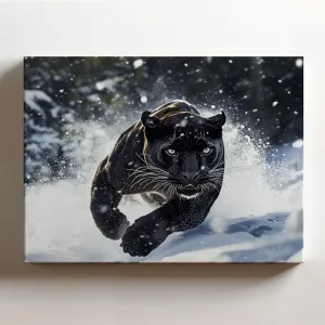 (20 x 16 x 1.25 IN) Gallery Wrapped Canvas Wall Art Print of Minimalism : Shadow Panther Blending into Darkness, Charging Through Snow-Covered Forest Evoking Fierceness and Serene B - 925UNCAi460303WH