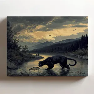 (20 x 16 x 1.25 IN) Gallery Wrapped Canvas Wall Art Print of Romanticism : Shadow Panther Blending into Darkness catching a fish in a river in a northern wilderness, evoking nostalg - 925UNCAi455903WH