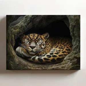 (20 x 16 x 1.25 IN) Gallery Wrapped Canvas Wall Art Print of Surrealism featuring a Spotted Jungle Panther Curled Up in a Den Inside a Deep Dark Cave, Capturing Mythological Power a - 925UNCAi463403WH