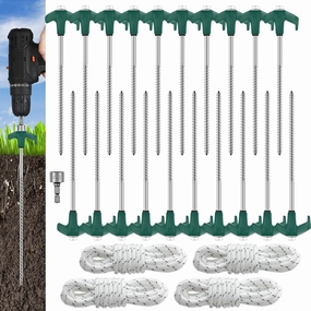 20 Pcs Tent Stakes Camping Stakes Heavy Duty 8 Inch Ground Anchors Screw in Tent Pegs Metal Stakes with 4x10ft Ropes Inflatable Spikes for Hiking Camping Garden Accessories (Green)