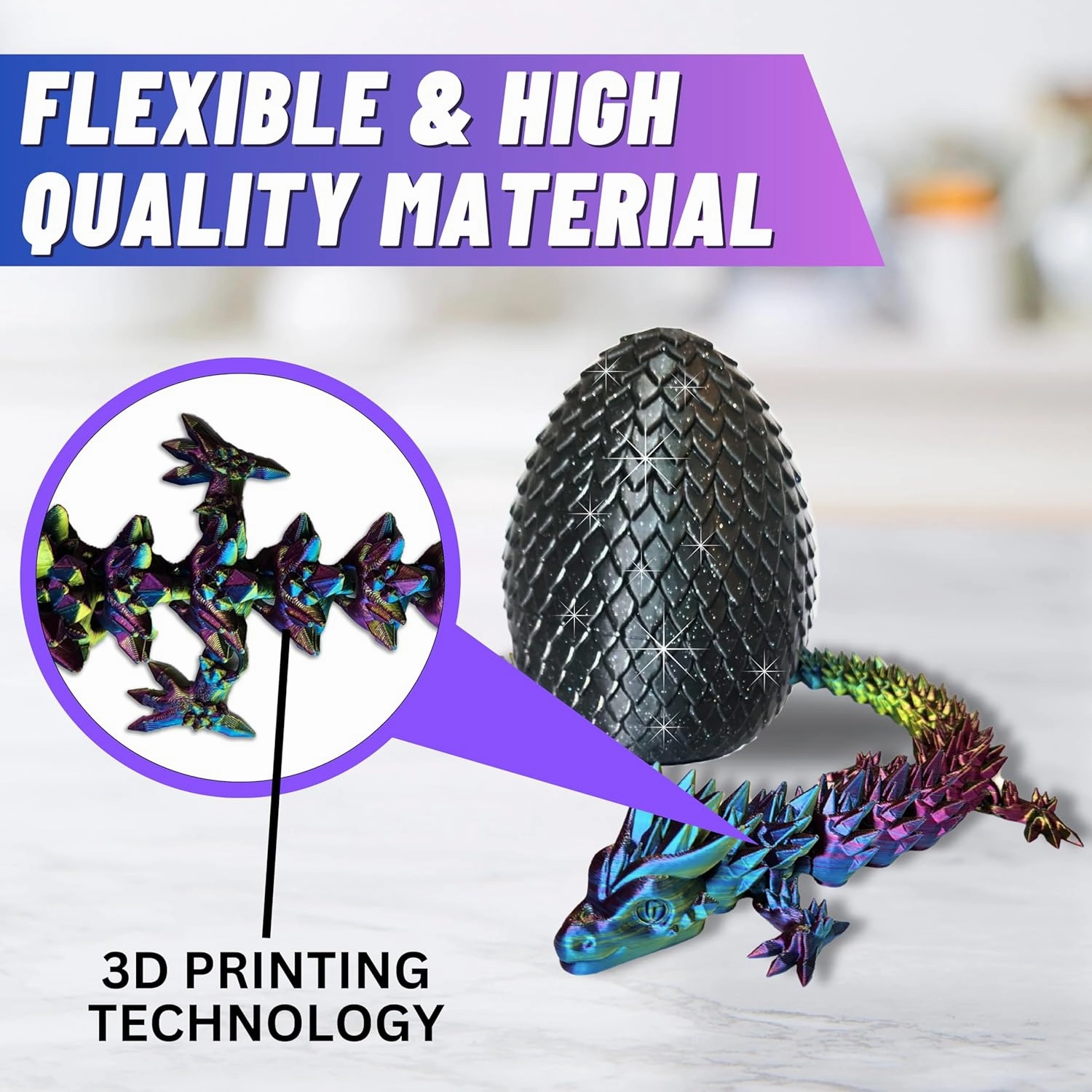 20" Articulated Dragon With Egg - Big Color Changing - 3D Printed Dragon With Egg - Fidget Dragon Egg & 3D Dragon - Toy Dragon Egg With Figures - Made in the USA - (Rainbow With Black Egg)