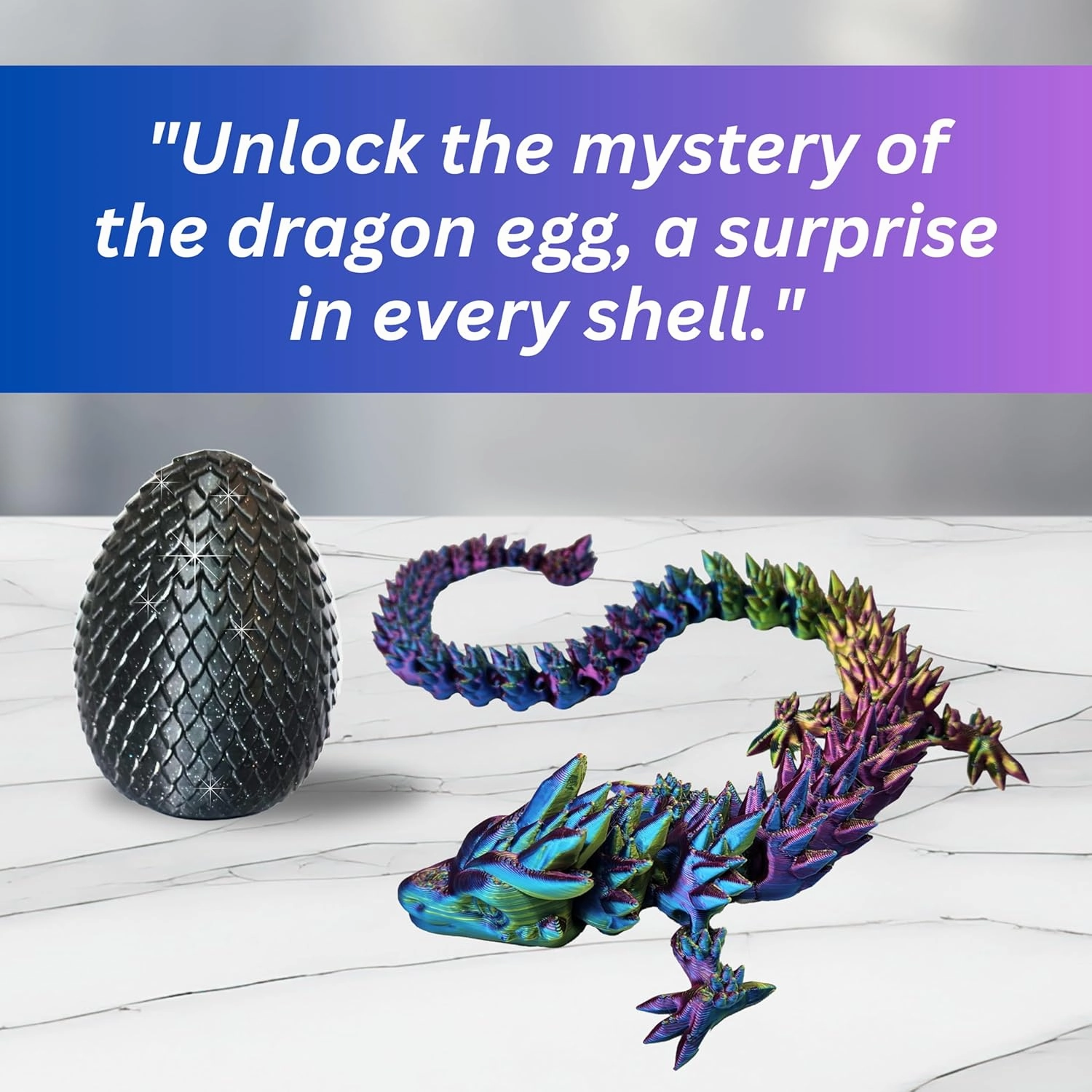 20" Articulated Dragon With Egg - Big Color Changing - 3D Printed Dragon With Egg - Fidget Dragon Egg & 3D Dragon - Toy Dragon Egg With Figures - Made in the USA - (Rainbow With Black Egg)