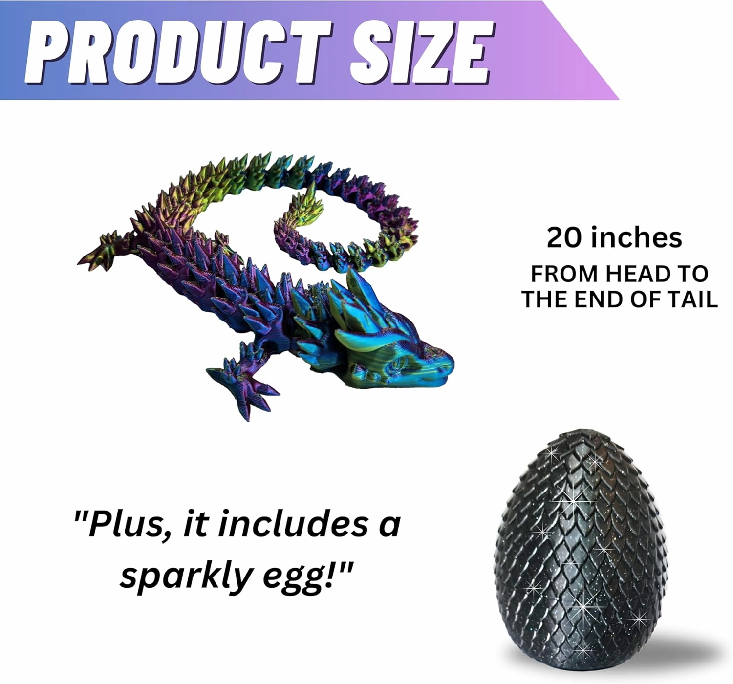 20" Articulated Dragon With Egg - Big Color Changing - 3D Printed Dragon With Egg - Fidget Dragon Egg & 3D Dragon - Toy Dragon Egg With Figures - Made in the USA - (Rainbow With Black Egg)