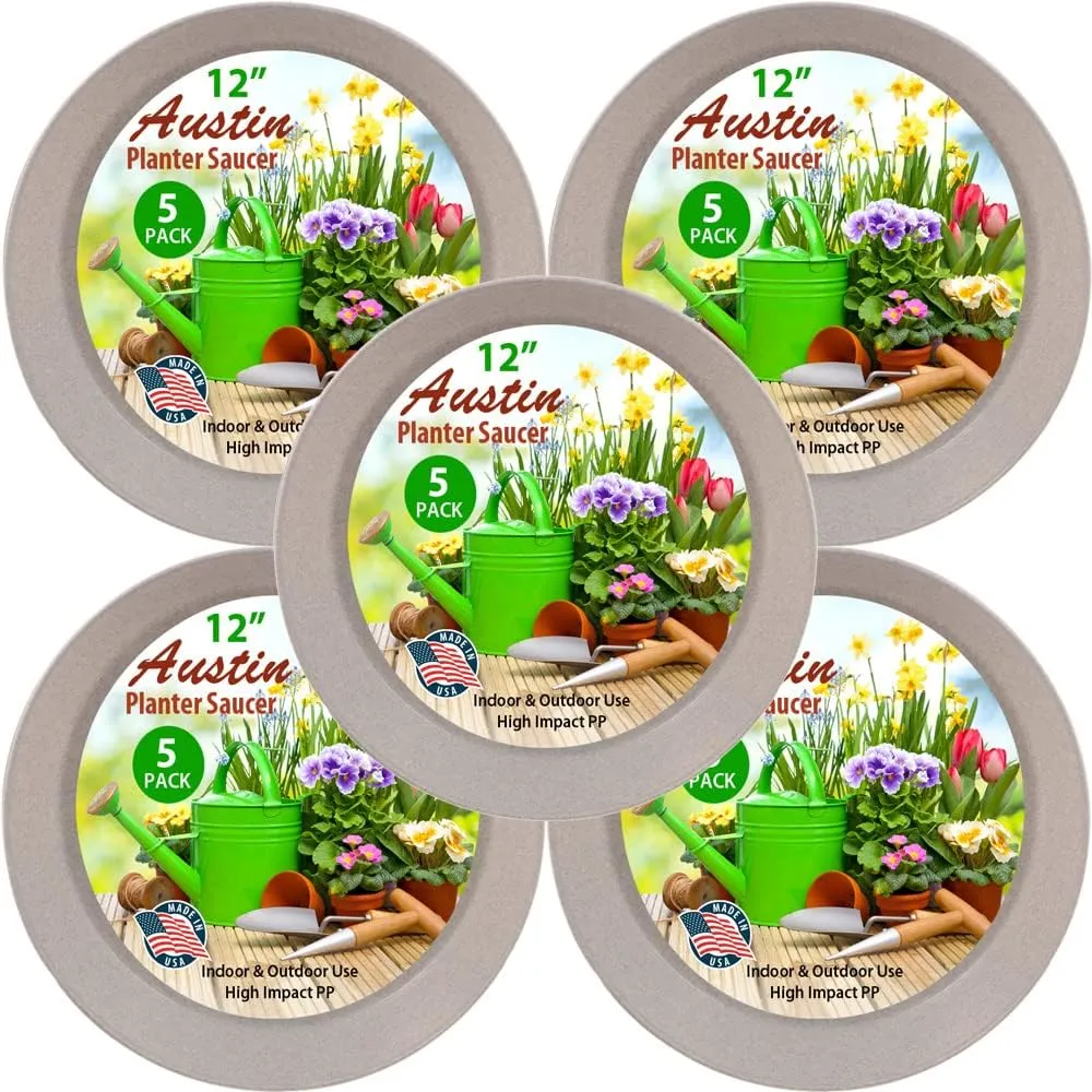 21 Inch (19 Inch Base) Case of 5 Plant Saucers - White Granite Colored Polypropylene - Heavy Duty Indoor/Outdoor- Collects Flower Pot Drainage and Excess Water - Made in USA