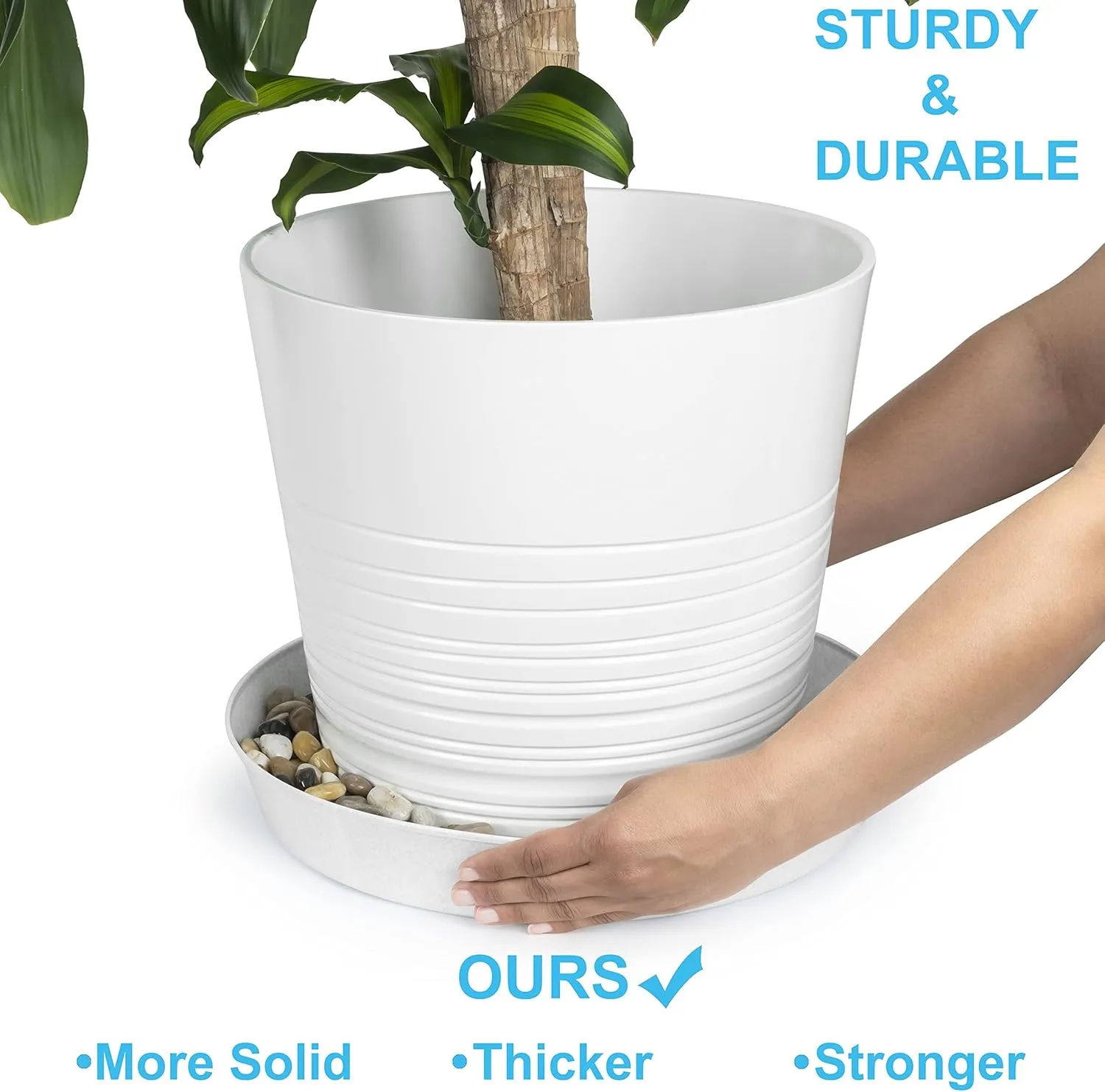 21 Inch (19 Inch Base) Case of 5 Plant Saucers - White Granite Colored Polypropylene - Heavy Duty Indoor/Outdoor- Collects Flower Pot Drainage and Excess Water - Made in USA