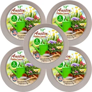 21 Inch (19 Inch Base) Case of 5 Plant Saucers - White Granite Colored Polypropylene - Heavy Duty Indoor/Outdoor- Collects Flower Pot Drainage and Excess Water - Made in USA