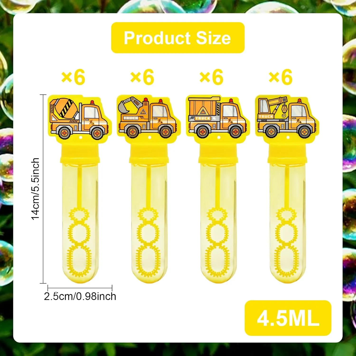 24 Pack Construction Truck Bubble Wands for Kids - Large Cartoon Excavator Bubbles Bulk with Refill Solution Toys for Carnival, Goodie Bag Stuffers, Boys Girls Birthday Gifts, Christmas Party Favors