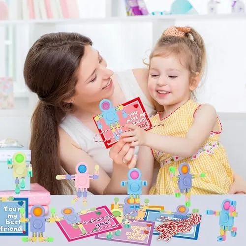 24 Pack Stress Relief Toys with Cards, DIY Chain Robot Pressure Relieving Toys for Classroom Gift Exchange