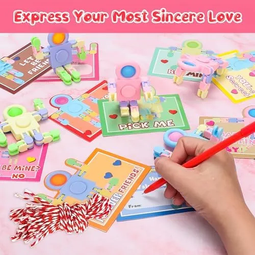 24 Pack Stress Relief Toys with Cards, DIY Chain Robot Pressure Relieving Toys for Classroom Gift Exchange