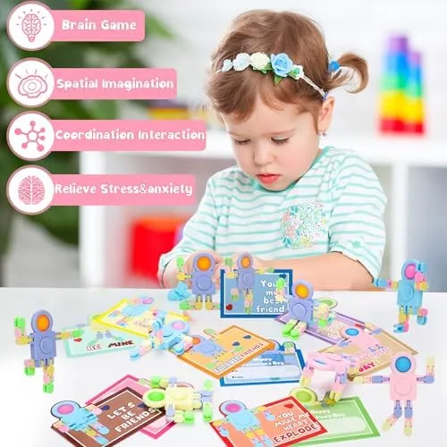 24 Pack Stress Relief Toys with Cards, DIY Chain Robot Pressure Relieving Toys for Classroom Gift Exchange