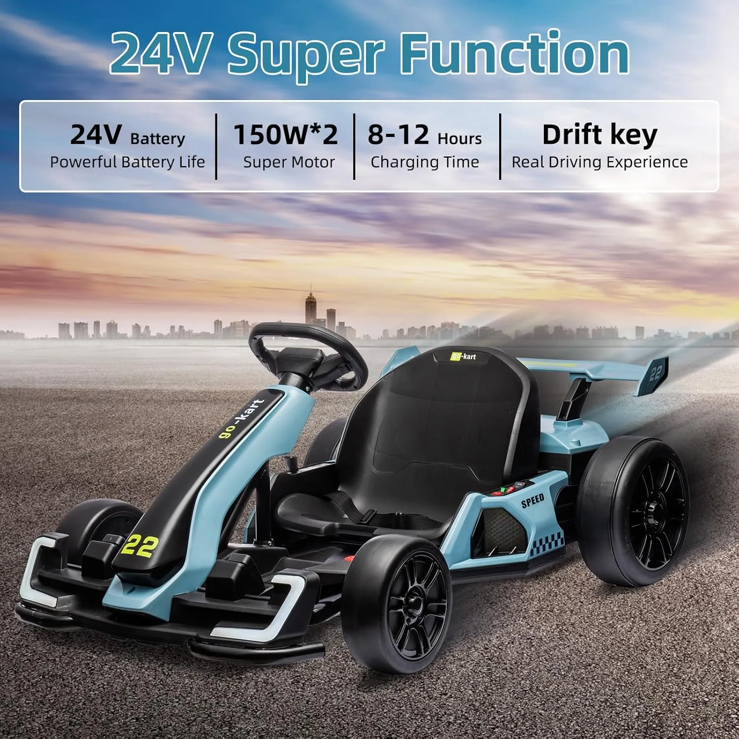 24V Electric Go Kart,300W Powerful Drift Kart for Kids, Electric Pedal Kart,with 300W Strong Motor, Drift/Sport Mode, Big Battery, Eva Tire,Length Adjustmen for Outdoor Racing Toy-Blue