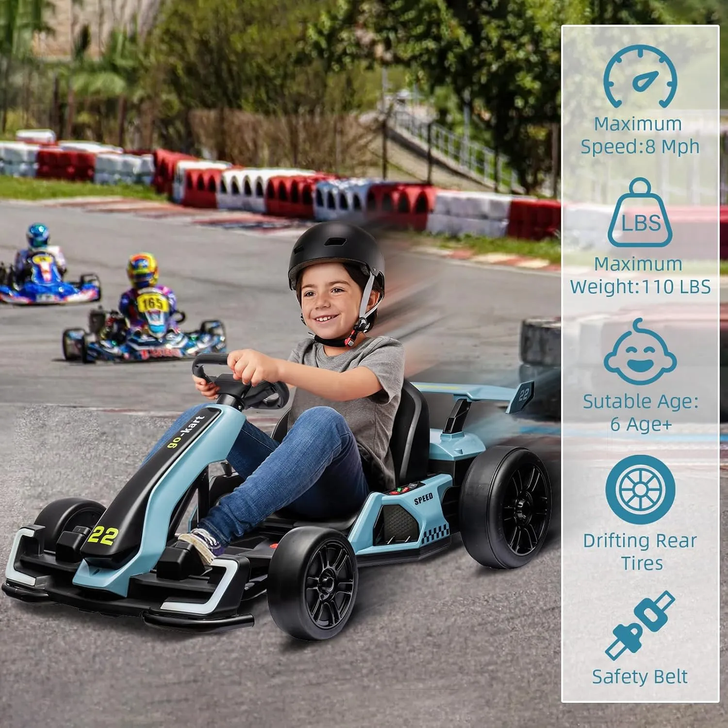 24V Electric Go Kart,300W Powerful Drift Kart for Kids, Electric Pedal Kart,with 300W Strong Motor, Drift/Sport Mode, Big Battery, Eva Tire,Length Adjustmen for Outdoor Racing Toy-Blue