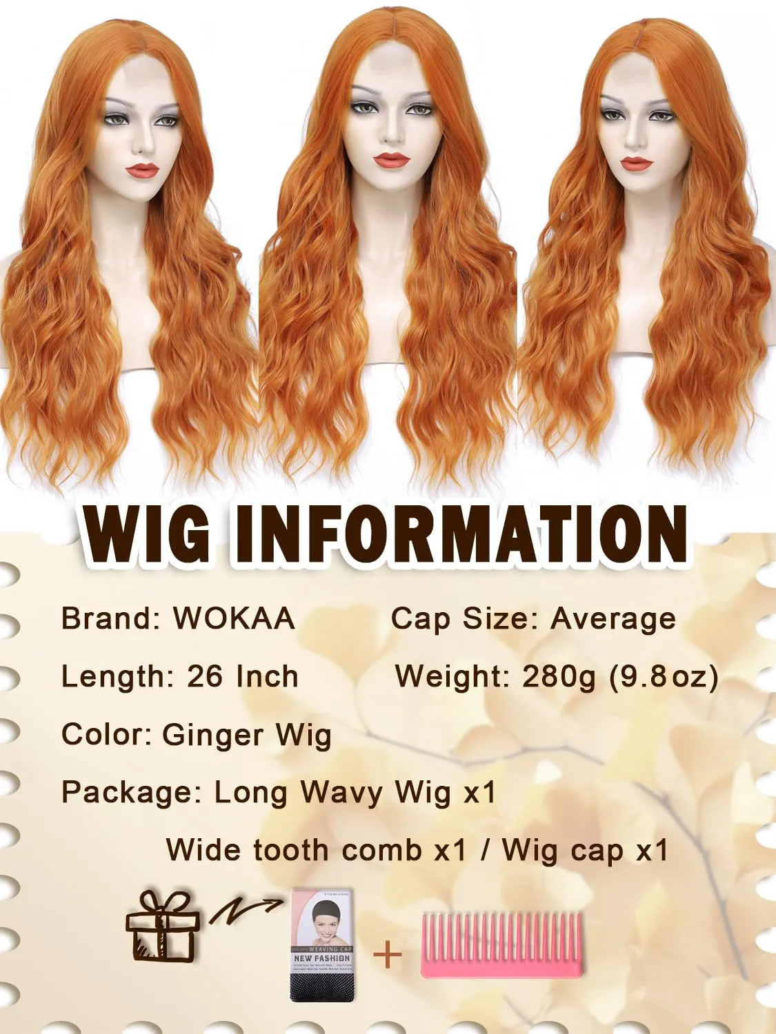 26 Inch Long Ginger Wig for Women Synthetic Orange Lace Front Middle Part Wavy Wigs Body Wave Heat Resistant Wig for Daily Party Use