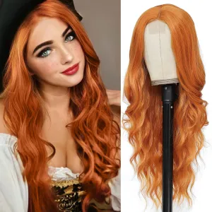 26 Inch Long Ginger Wig for Women Synthetic Orange Lace Front Middle Part Wavy Wigs Body Wave Heat Resistant Wig for Daily Party Use