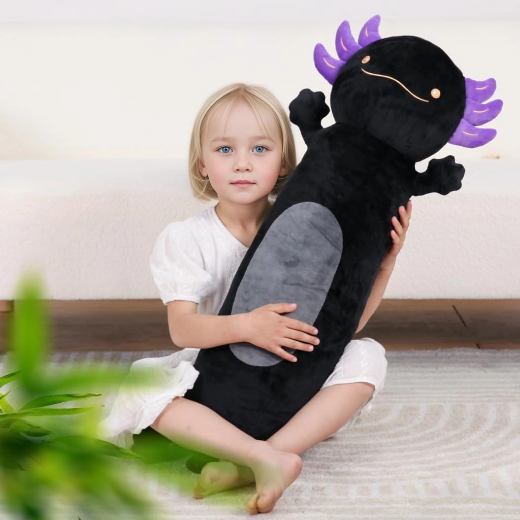 28 inch Black Axolotl Stuffed Animal, Cute Long Body Cuddle Squishy Pillow, Big Axolotl Plushies Toy Gifts for Kids, Boys for Birthday