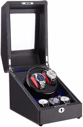 2 3 Automatic Watch Winder Box with LED Light Wood Shell and Carbon Fiber Leather Silent Motor 4 Rotation Modes Setting (A)