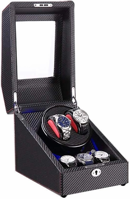 2 3 Automatic Watch Winder Box with LED Light Wood Shell and Carbon Fiber Leather Silent Motor 4 Rotation Modes Setting (A)