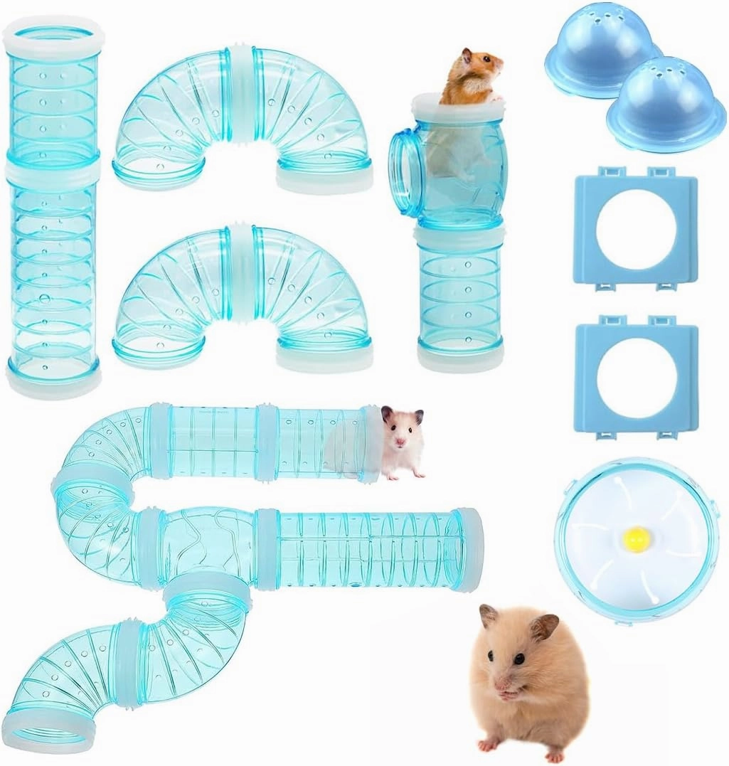 2 Hamster Tubes Kits, Hamster Tunnel Adventure External Pipe, Transparent DIY Creative Connection Cage & Accessories, Wheel for Pet Mouse Rat Small Animal (Blue)