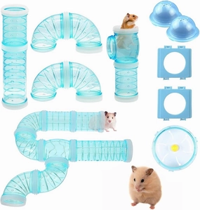 2 Hamster Tubes Kits, Hamster Tunnel Adventure External Pipe, Transparent DIY Creative Connection Cage & Accessories, Wheel for Pet Mouse Rat Small Animal (Blue)