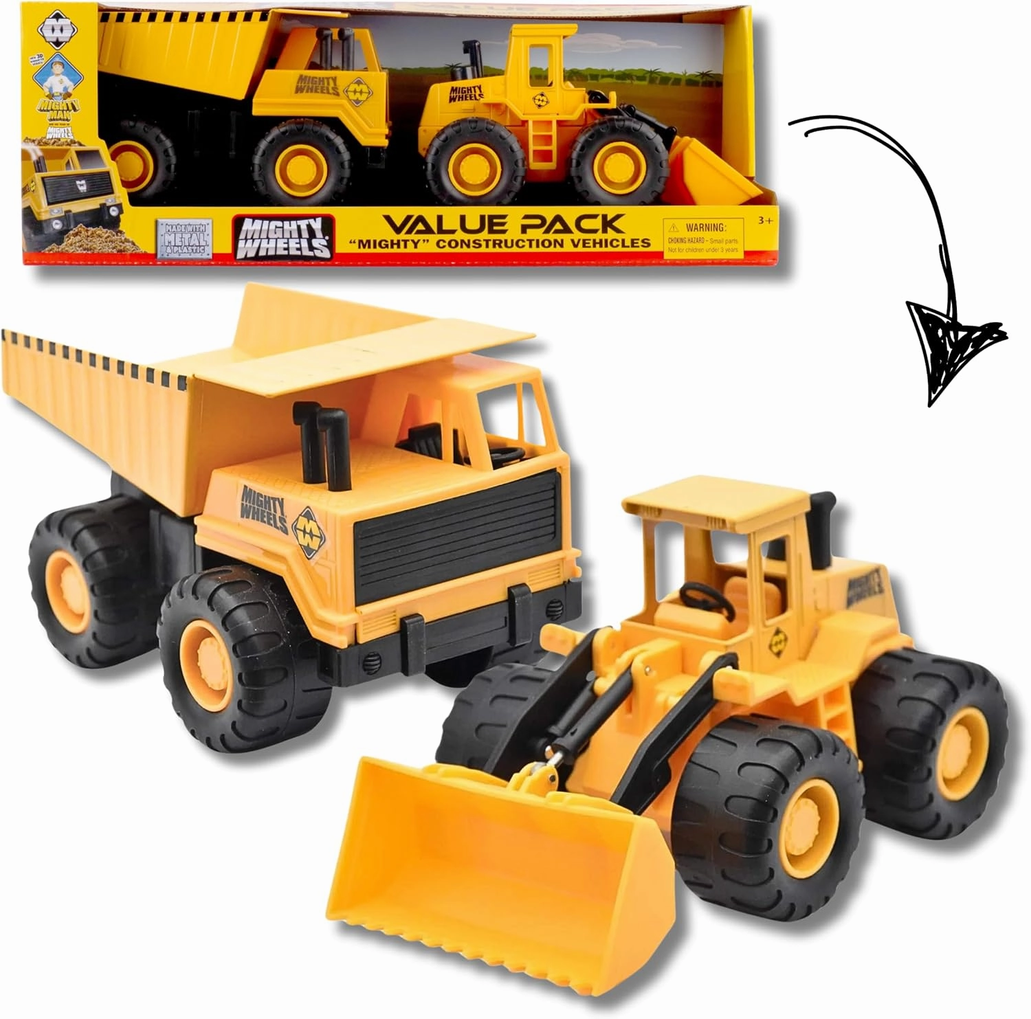 2 Pack Construction Vehicles - 7" Dump Truck & Front Loader - Value Pack, Load & Haul Toy Set, Durable Indoor-Outdoor Play, Kids Age 3 