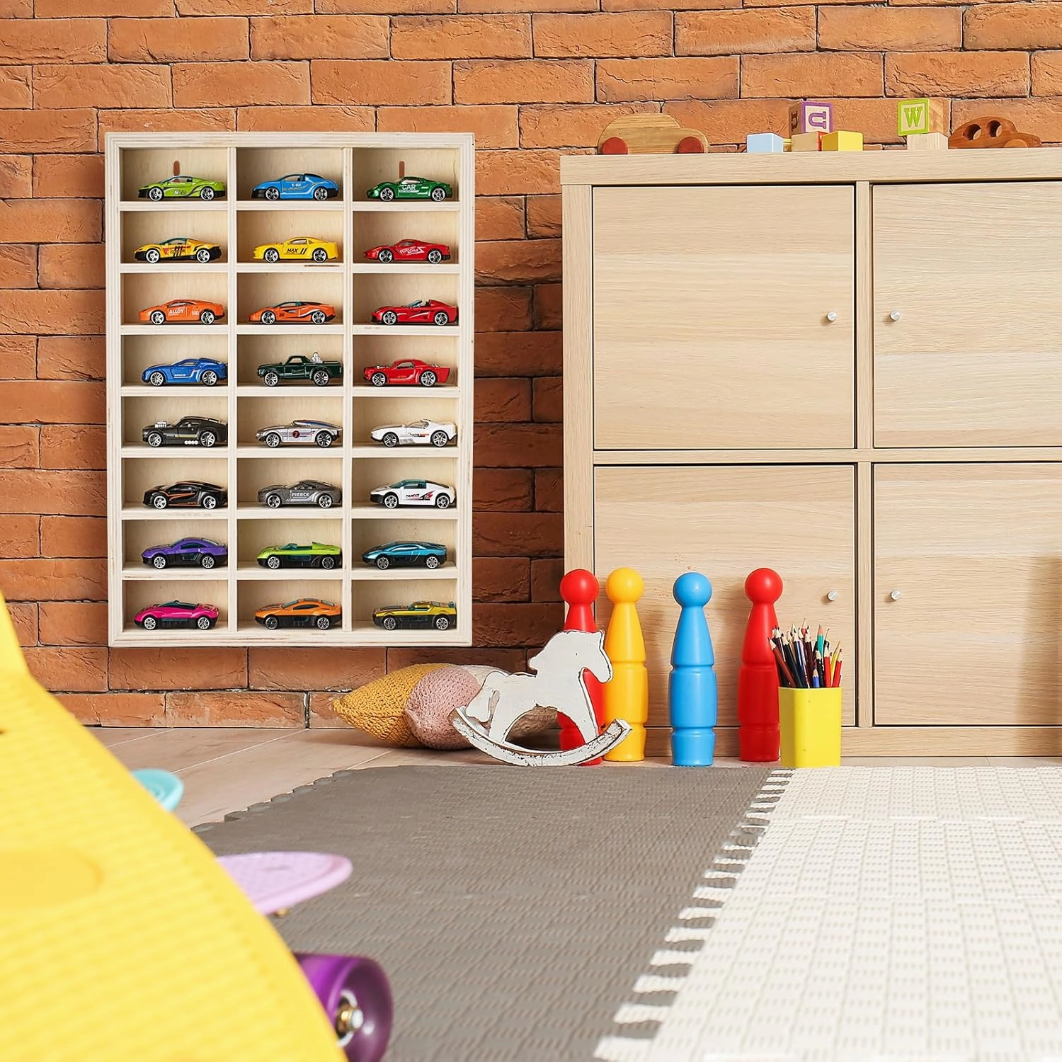 2 Pcs 24 Space Toy Cars Wheels Display Case 1: 64 Scale Model Cars Display Shelf Wooden Wall Mounted Die Cast Car Storage Rack for Gift Collectibles Toy Figurines Cabinet