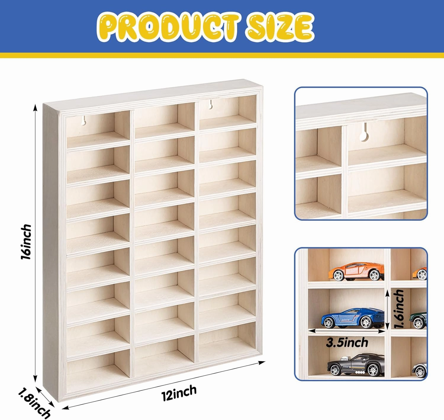 2 Pcs 24 Space Toy Cars Wheels Display Case 1: 64 Scale Model Cars Display Shelf Wooden Wall Mounted Die Cast Car Storage Rack for Gift Collectibles Toy Figurines Cabinet