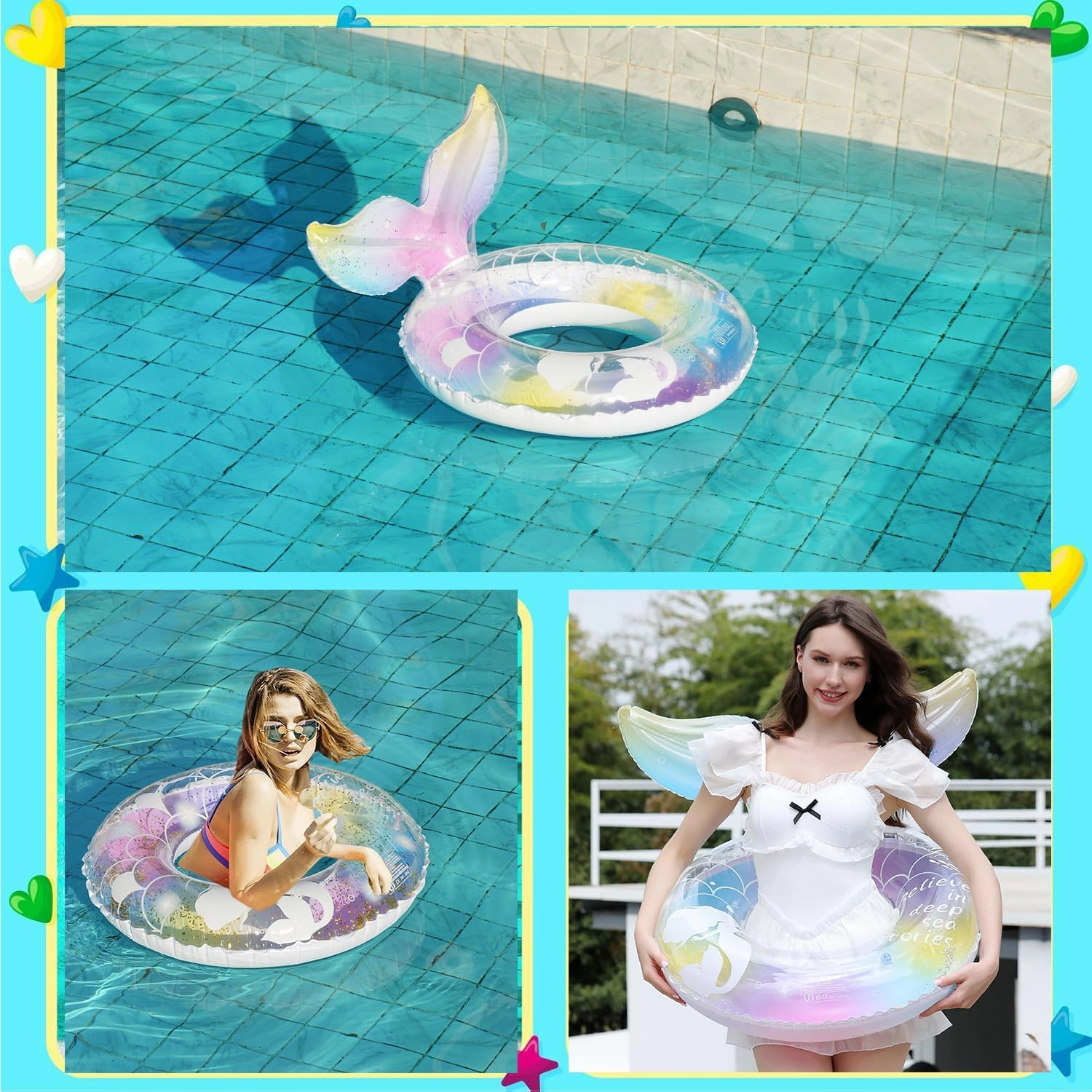 2 pcs Mermaid Pool Floats-30 inch Inflatable Swimming Ring for Adults, Cute Pool Float Tube Decorations Swim Tubes Outdoor Pool Beach Water Floats Party Supplies Floaties