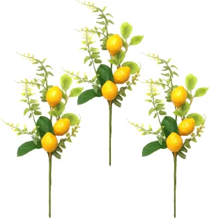 3 Pcs 17 Inch Artificial Lemon Branches Yellow Lemon Decor Faux Fake Fruit Lemon Stems Picks for Vase Kitchen Party Farmhouse Table Centerpiece Home Decoration