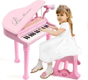 31 Keys Piano Keyboard Toy for Kids, Birthday Gift for 1 2 Year Old Girls，Pink Musical Piano Toy for Toddlers with Microphone and Stool