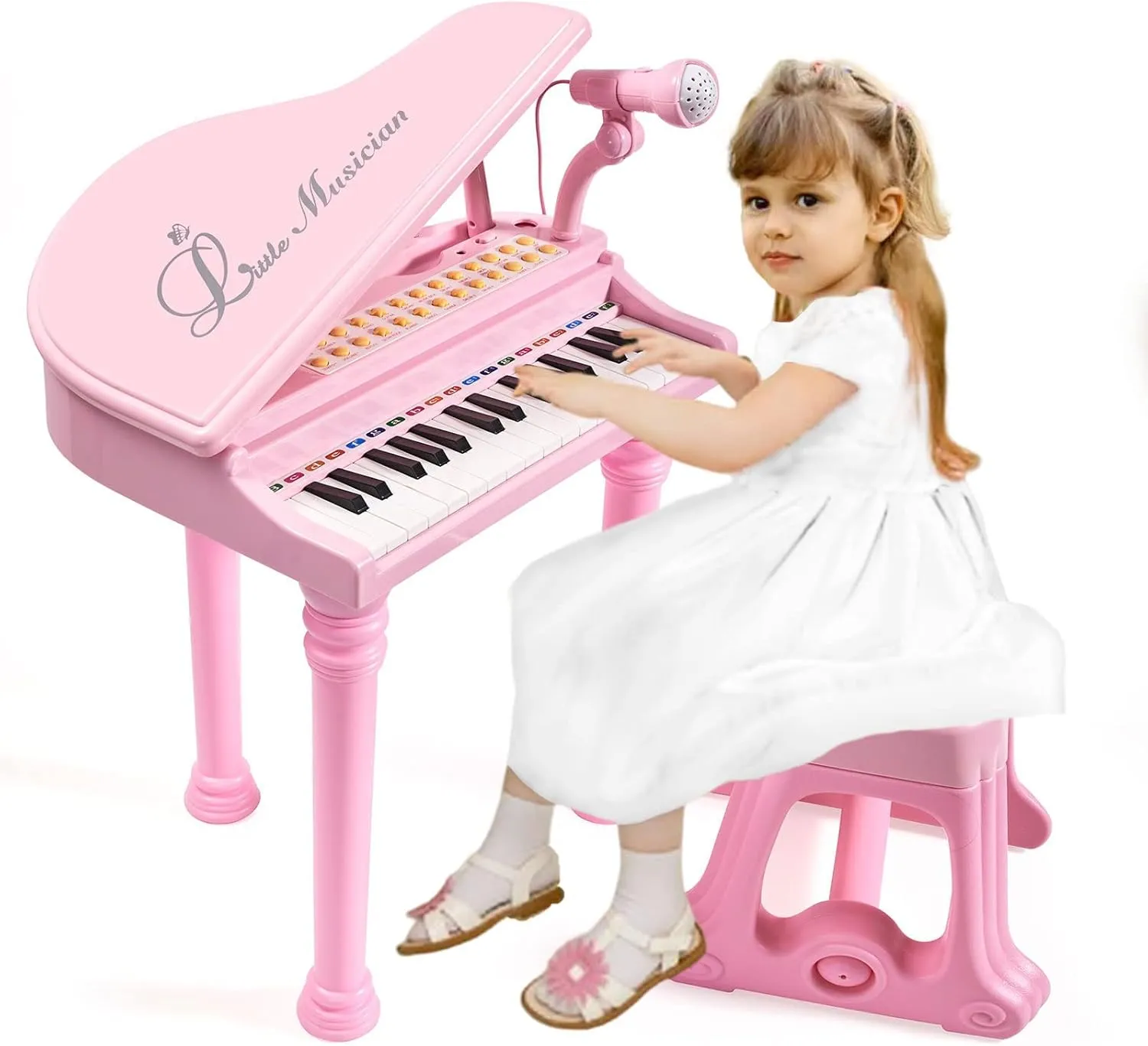 31 Keys Piano Keyboard Toy for Kids, Birthday Gift for 1 2 Year Old Girls，Pink Musical Piano Toy for Toddlers with Microphone and Stool