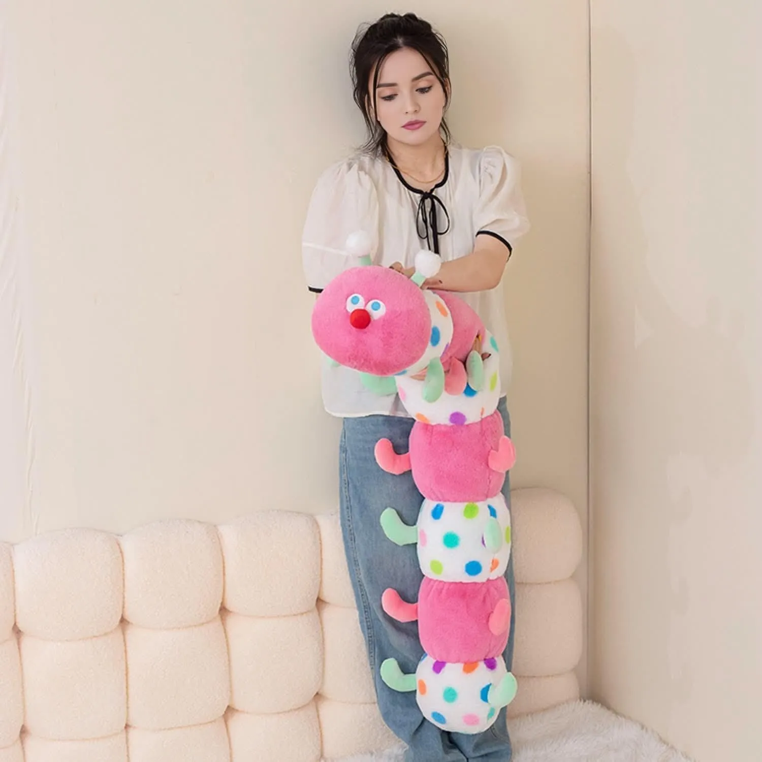 35.4 Inch Caterpillar Stuffed Animals Colorful Plush Toys Hugging Pillow Jumbo Soft Plushies Doll (Pink)