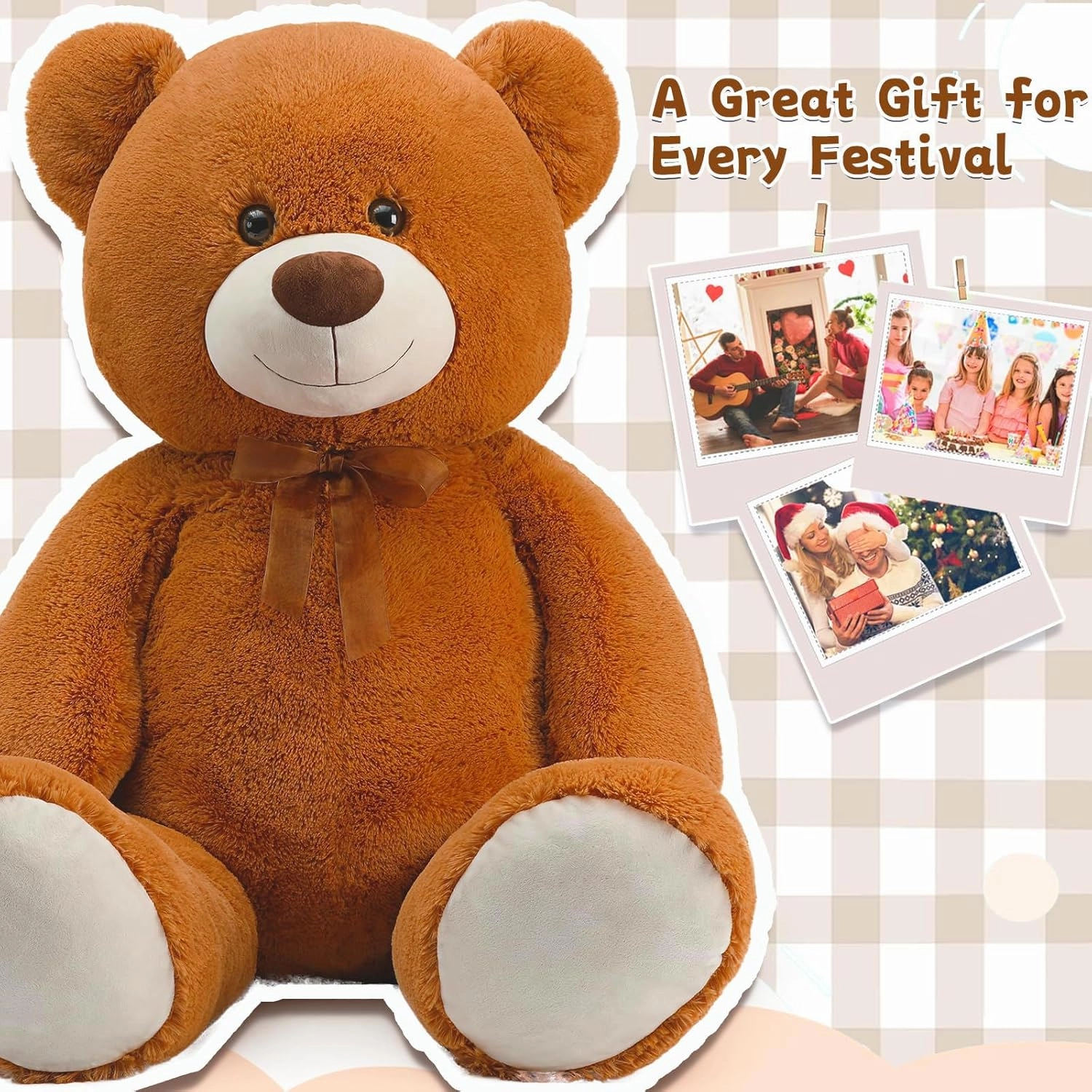 36 inch Big Teddy Bear Large Stuffed Bear for Baby Shower Cute Giant Stuffed Animals Soft Cuddly Bear Toy for Kids, Christmas Valentine's Day Party Decorations, Chocolate