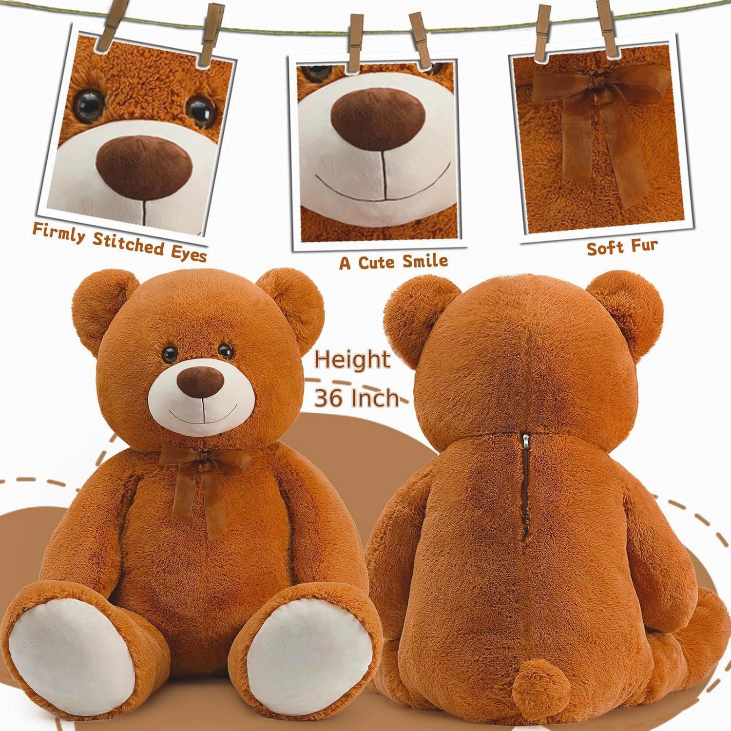 36 inch Big Teddy Bear Large Stuffed Bear for Baby Shower Cute Giant Stuffed Animals Soft Cuddly Bear Toy for Kids, Christmas Valentine's Day Party Decorations, Chocolate