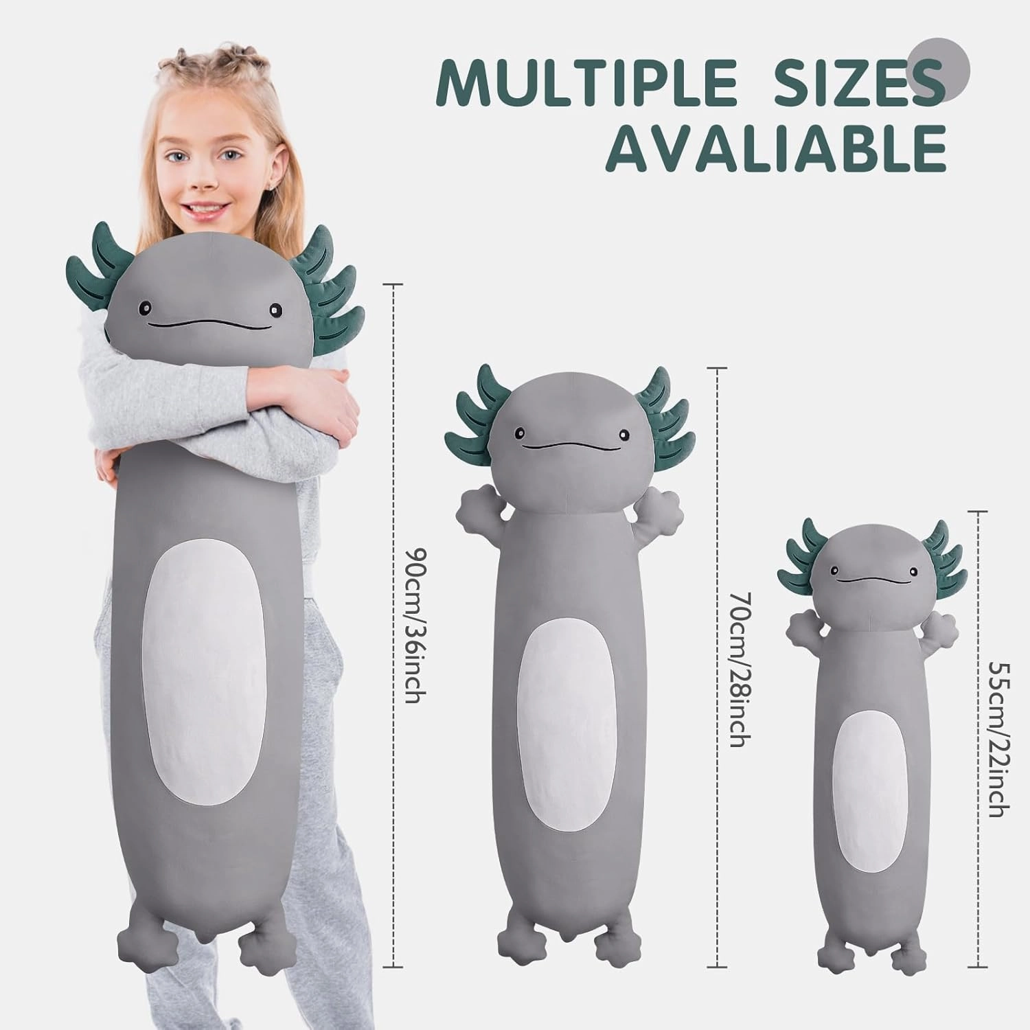 36 inch Cute Giant Grey Axolotl Plush Soft Long Body Pillow, Large Squishy Plushies Axolotl Stuffed Animals Toy, Gifts for Kids Boys Girls Birthday