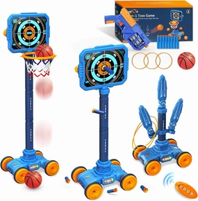 3 in 1 Kids Basketball Hoop Set Toys and Removable Base & Foam Toy Gun with Shooting Target, Basketball Hoop & Ball, Ring Throwing Game Toys, Birthday/Xmas Toys for Boys Girls Aged 3-12  Years
