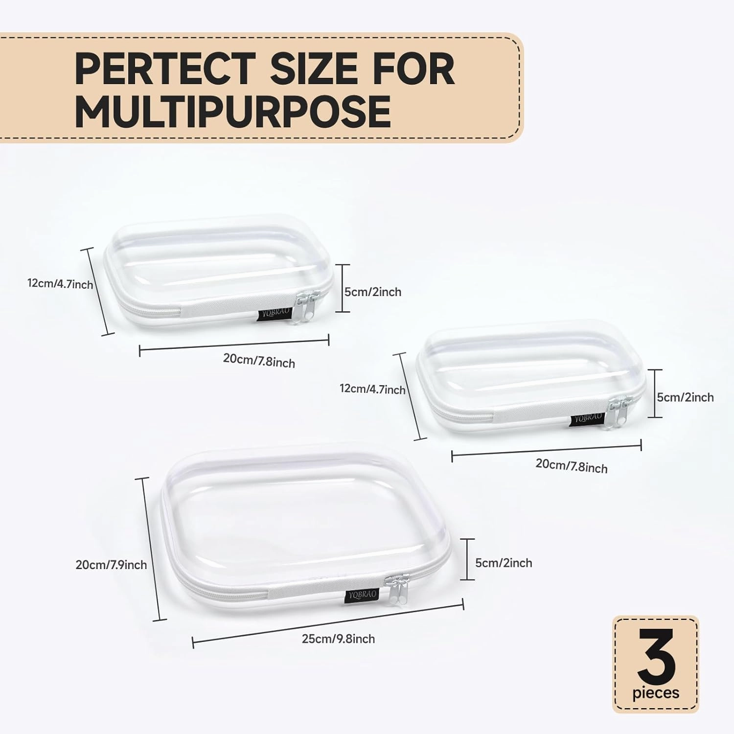 3 Pack Clear Hard Shell Zipper Case - Clear Waterproof Cosmetic Bag with Zipper, Kid's Toy Storage Organizer Bins, Charging Cables, creative journaling, painting brushes, Threads,Sketch Supplies