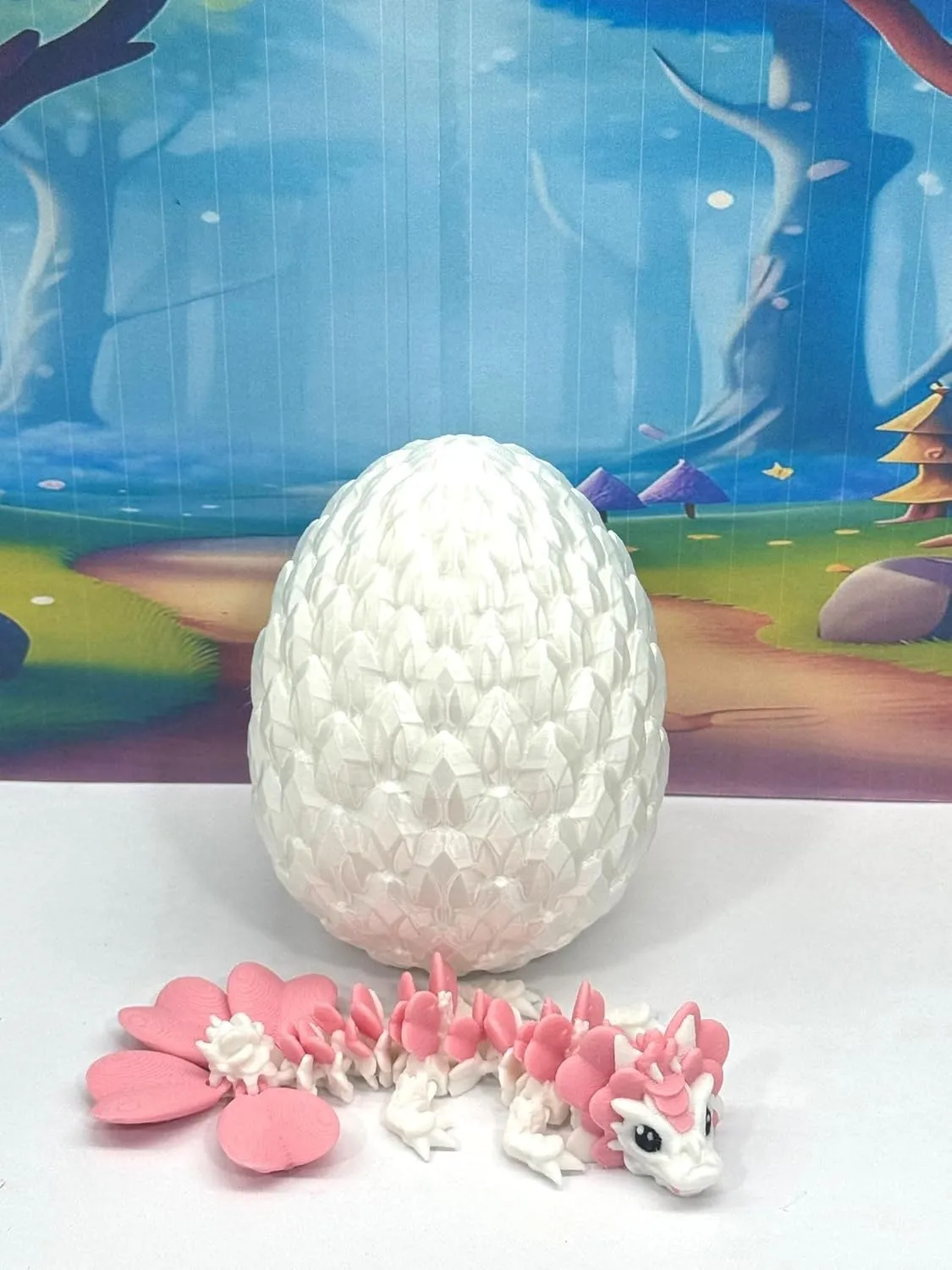 3D Printed Baby Dragon with Dragon Egg, Articulated Clover, Crystal, Easter, Rose, Gemstone, Orchid, Sushi, Woodland Baby Dragon, Fidget ADHD Toy BD007WP-WE (Clover Dragon)
